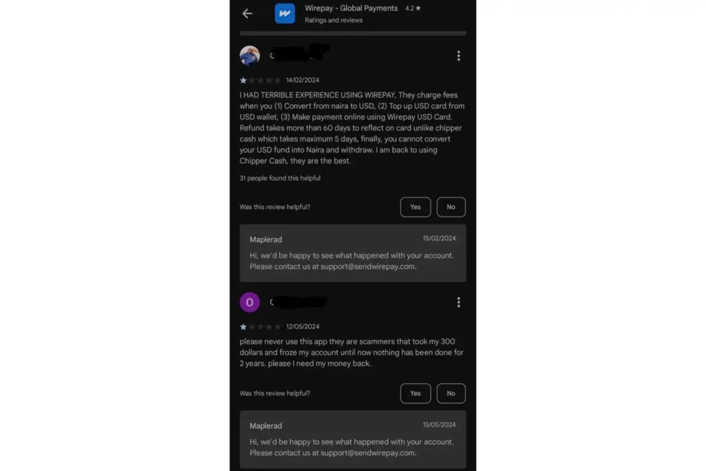 A picture showing user review on wirepay virtual card
