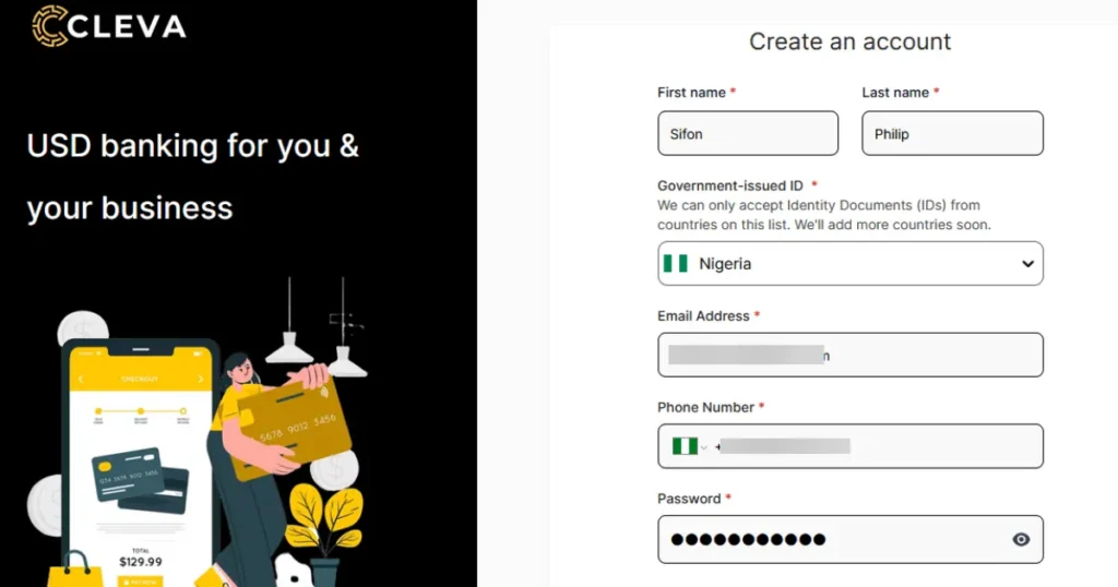 A picture showing how to create a Cleva foreign bank account